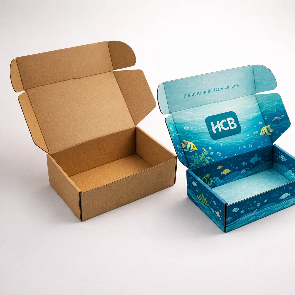 Two open cardboard mailer boxes, one natural kraft brown and one with a blue aquatic coral reef print. class=